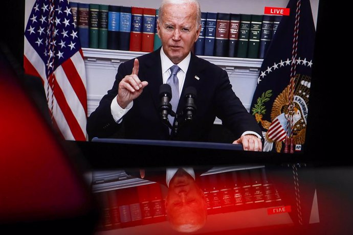 SCREENSHOT - 15 July 2024, Russia, ---: A screen grab shows US President Joe Biden speaking from the Roosevelt Room of the White House in Washington. President Biden and Vice President Harris held a briefing to discuss the incident and express support for