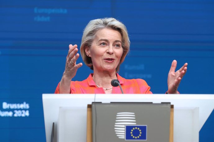 BRUSSELS, June 28, 2024  -- European Commission President Ursula von der Leyen speaks at a press conference after a European Council summit in Brussels, Belgium, June 28, 2024.