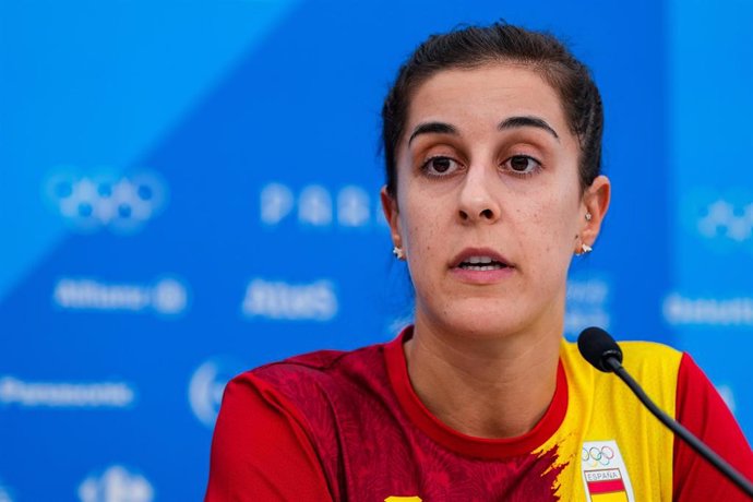 Carolina Marin (ESP) attends the Badminton press conference ahead the Paris 24 Olympics Games during the Media Day of Spain at COE Zone in International Village during the Paris 2024 Olympics Games on July 25, 2024 in Paris, France.