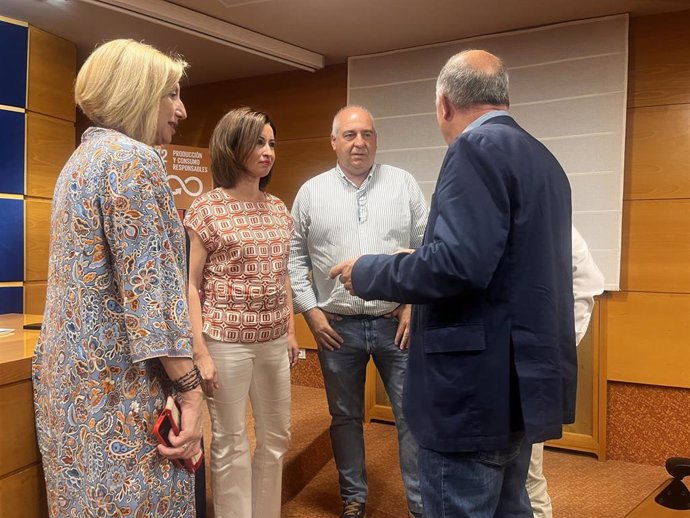 La vicepresidenta de la DPZ, Teresa Ladrero, junto a algunos diputados provinciales del PSOE en la sala de prensa de la institución provincial.