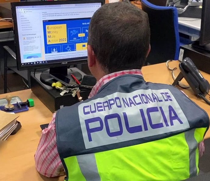 Un agente de la Policía Nacional en un ordenador investigando delitos a través de Internet.