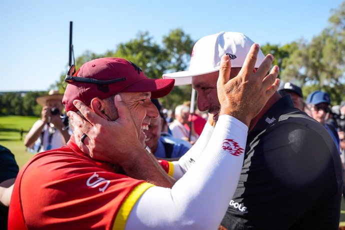 Jon Rahm of Legion XIII team congrats the victory to Sergio Garcia of Fireball team during the final round of the LIV Golf Andalucia at Golf Club Royal of Valderrama on July 14, 2024 in Cadiz, Spain.