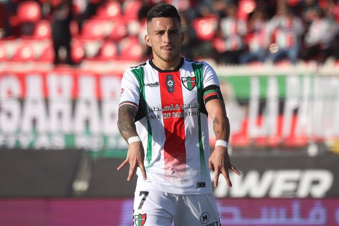 Futbol, Palestino vs Deportes Copiapo. Fecha 11, campeonato Nacional 2024. El jugador de Palestino Bryan Carrasco\celebra su gol  contra  Deportes Copiapo durante el partido de primera division realizado en el estadio Municipal de La Cisterna, Santiago,