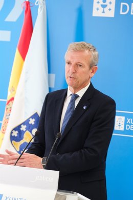 El presidente de la Xunta, Alfonso Rueda, en rueda de prensa, en A Coruña