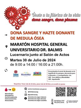 El Hospital Doctor Balmis de Alicante celebrará un maratón de donación de sangre y médula el 30 de julio