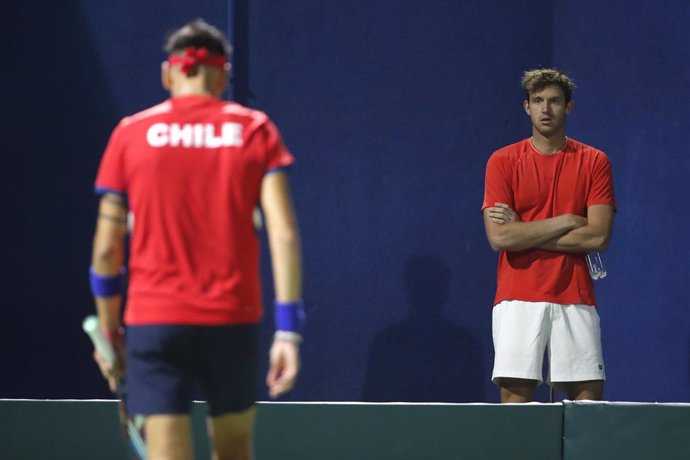 Tenis, Chile vs Peru. Copa Davis 2023. El jugador de Chile Nicolas Jarry es fotografiado durante el partido de la Copa Davis contra Peru disputado en el Court Central Anita Lizana de Santiago, Chile. 04/02/2024 Jonnathan Oyarzun/Photosport  Tennis, Chile