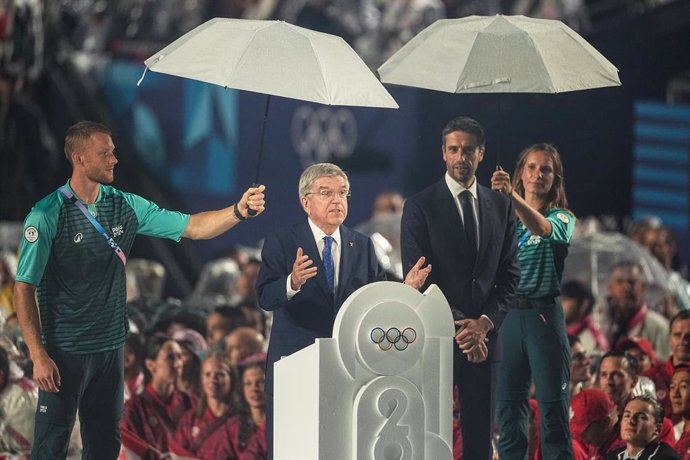 26 July 2024, France, Paris: International Olympic Committee (IOC) President Thomas Bach, speaks during the opening ceremony of the Paris 2024 Olympic Games. Photo: Michael Kappeler/dpa