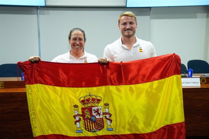 Tamara Echegoyen and Marcus Cooper during the presentation of Marcus Cooper and Tamara Echegoyen as flag bearer of the Spanish delegation for the Olympics Games Paris 24 at COE headquarters on June 26, 2024 in Madrid, Spain.