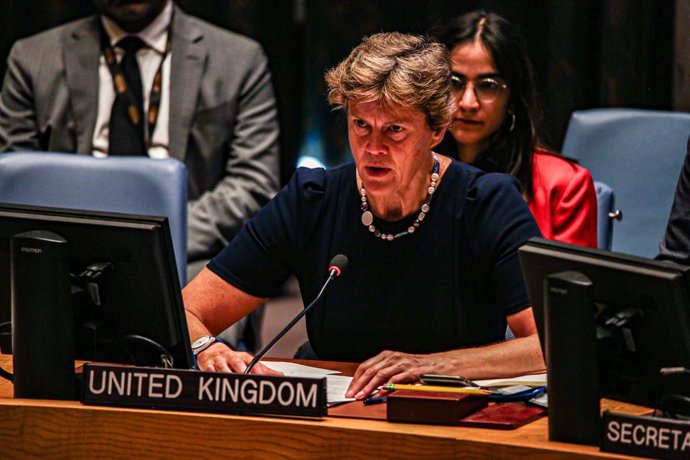 Archivo - August 16, 2023, New York, New York, USA: BARBARA WOODWARD Permanent Representative of the UK speak a UN Security Council held meeting on the Middle East, with a focus on Yemen the UN brokered efforts of peace between Yemen, Saudi Officials as w