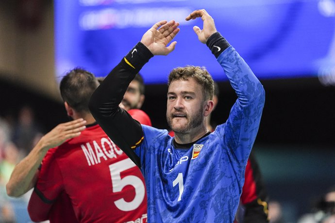 Perez de Vargas Gonzalo (ESP) gestures during the Men's Preliminary Round Group A, handball match played between Spain and Slovenia at South Paris Arena 6 during the Paris 2024 Olympics Games on July 27, 2024 in Paris, France.