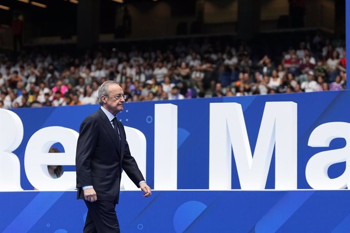 Florentino Perez, President of Real Madrid, reacts during the presentation of Kylian Mbappe as new player of Real Madrid at Santiago Bernabeu stadium on July 16, 2024 in Madrid, Spain.