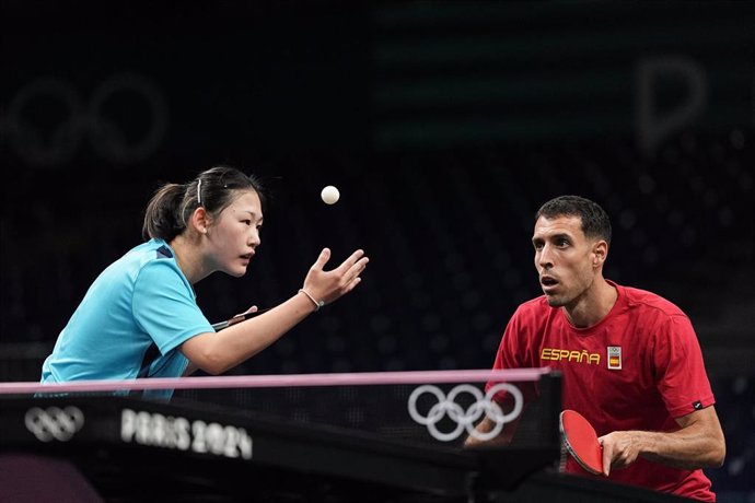 Maria Xiao (ESP) and Alvaro Robles (ESP) during training session of Table tennis at South Paris Arena 4 during the Paris 2024 Olympics Games on July 25, 2024 in Paris, France.