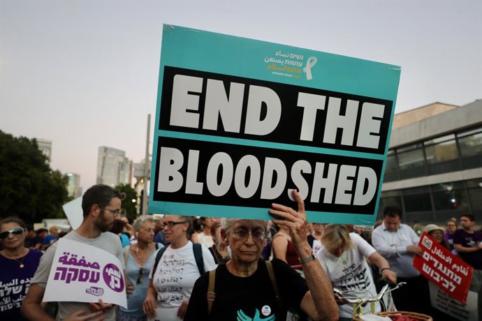 TEL AVIV, July 25, 2024  -- People take part in a demonstration in demand of an immediate ceasefire in Gaza and a deal for the release of the remaining hostages held by Hamas in Tel Aviv, Israel, on July 25, 2024.