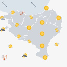 Mapa con la previsión del tiempo de Euskalmet para el lunes 29 de julio