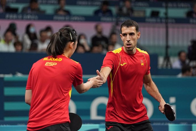 Robles Alvaro (ESP) and Xiao Maria (ESP) versus Ishiy Vitor (BRA) and Takahashi Bruna during table tennis mixed doubles round of 16 on South Paris Arena 4 during the Paris 2024 Olympics Games on July 27, 2024 in Paris, France.