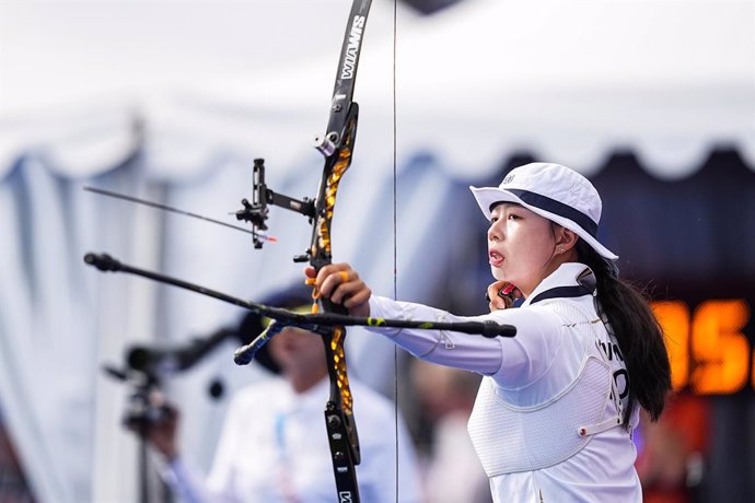 Sihyeon Lim (KOR) competes during the Women's Archery Individual Ranking Round at Esplanade Des Invalides during the Paris 2024 Olympics Games on July 25, 2024 in Paris, France.