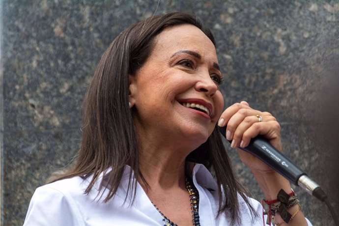 July 21, 2024, Caracas, Miranda, Venezuela: Opposition leader Maria Corina Machado, speaks to her followers..Day of prayer for the opposition candidate Edmundo Gonzalez and Maria Corina Machado in Bolivar Square in Chacao, for reconciliation and peace in 