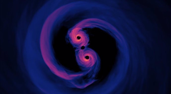 Simulation of the light emitted by a supermassive black hole binary system where the surrounding gas is optically thin (transparent).