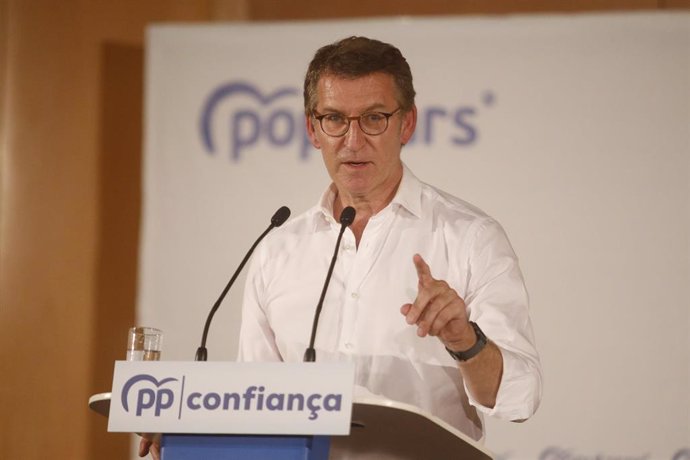 Archivo - El presidente del Partido Popular (PP), Alberto Núñez Feijóo, interviene durante el XIV congreso del Partido Popular catalán, a 23 de julio de 2022, en Barcelona, Cataluña (España). 