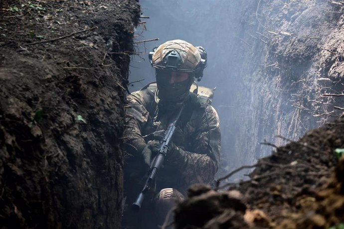 July 22, 2024, Ukraine: UKRAINE - JULY 22, 2024 - A serviceman of the 3rd Colonel Petro Bolbochan Brigade of Operational Assignment of Ukraine's National Guard (also known as the Spartan Brigade) is in the trench during a tactical exercise.