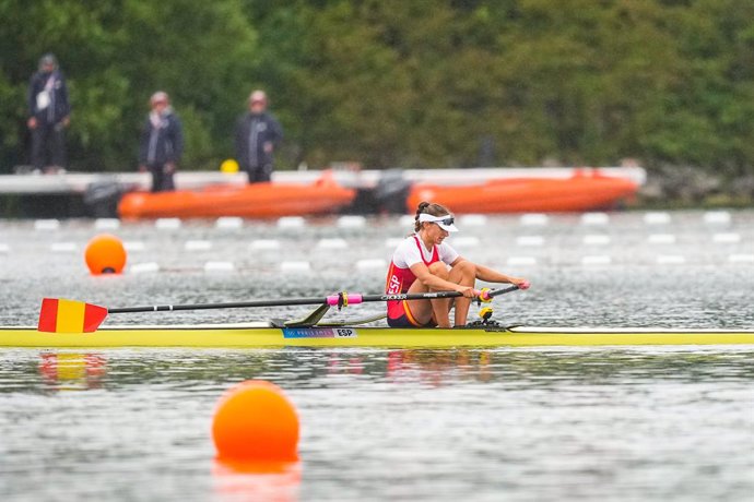 Virginia Diaz Rivas (ESP) competes in the Women's Single Scull heat during day one of the Olympic Games Paris 2024 at Vaires-Sur-Marne Nautical Stadium on July 27, 2024 in Paris, France.