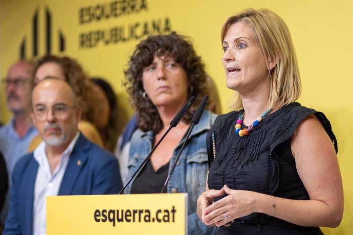 La portaveu d'ERC, Raquel Sans, durant una roda de premsa, a la seu d'ERC, a 29 de juliol de 2024, a Barcelona, Catalunya (Espanya). L'executiva d'ERC ha avalat aquest dilluns, 29 de juliol, el preacord amb el PSC per investir com a president de la 