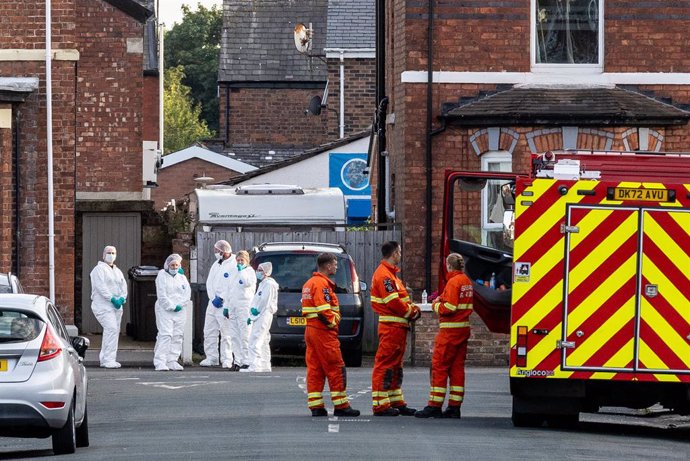 29 July 2024, United Kingdom, Southport: Emergency services work near the scene in Hart Street, of a knife attack where two children died and nine were injured. A 17-year-old male from Banks, Lancashire, had been arrested on suspicion of murder and attemp