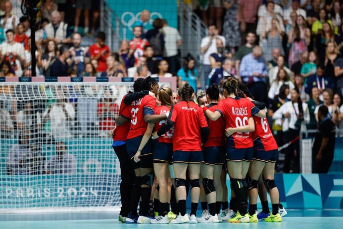 Formation of Spain during the Women's Preliminary Round Group B, handball match played between Spain and Brazil at South Paris Arena 6 during the Paris 2024 Olympics Games on July 25, 2024 in Paris, France.