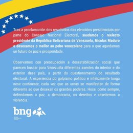 Mensaje del BNG en redes sociales sobre el resultado de las elecciones en Venezuela.