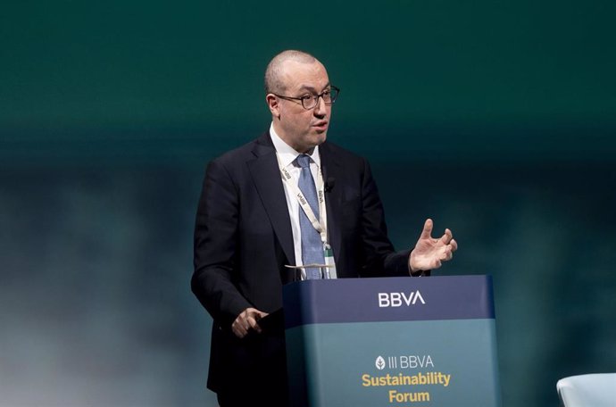 Archivo - El CEO de BBVA, Onur Genç, interviene durante la III edición del BBVA Sustainability Forum, en la Ciudad BBVA, a 29 de febrero de 2024, en Madrid (España).