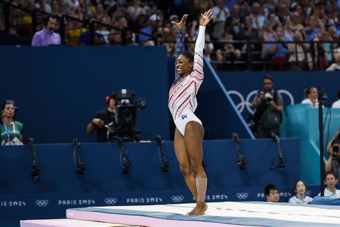 Simone Biles of United States competes in the vault event during women's team final of the Artistic Gymnastics on Bercy Arena during the Paris 2024 Olympics Games on July 30, 2024 in Paris, France.