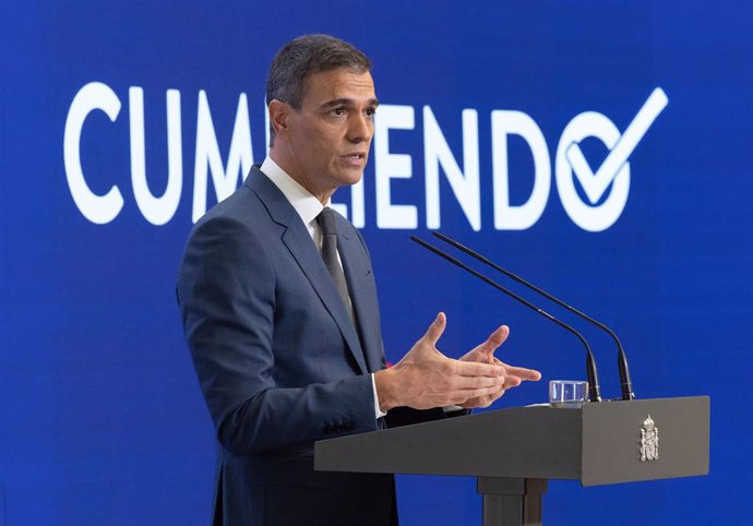 El presidente del Gobierno, Pedro Sánchez, comparece para hacer balance del curso político, en el Complejo de la Moncloa, a 31 de julio de 2024, en Madrid (España). 