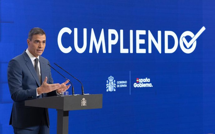 El president del Govern, Pedro Sánchez, compareix per a fer balanç del curs polític, al Complex de la Moncloa, a 31 de juliol del 2024, a Madrid (Espanya). 