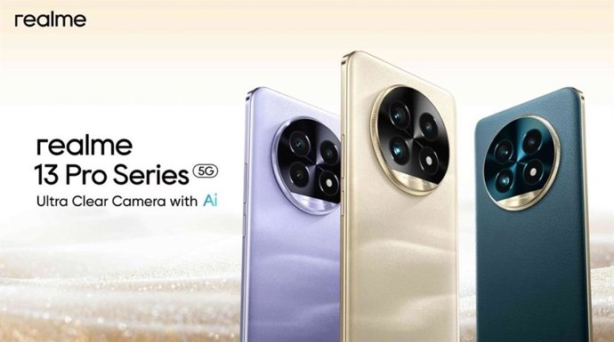 Recurso de los nuevos móviles realme 13 Pro en los colores dorado, morado y verde