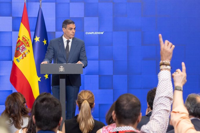 El presidente del Gobierno, Pedro Sánchez, comparece para hacer balance del curso político, en el Complejo de la Moncloa, a 31 de julio de 2024, en Madrid (España). 