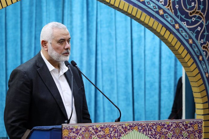 Archivo - May 22, 2024, Tehran, Iran: Leader Of Palestinian Militant Group Hamas ISMAEIL HANIYEH makes a speech as he attends a funeral prayer for the late Iranian President Ebrahim Raisi, Foreign Minister Hossein Amir-Abdollahian, and other officials who