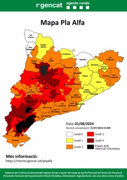 Catalunya manté aquest dijous el nivell 4 per risc d'incendi a 106 municipis