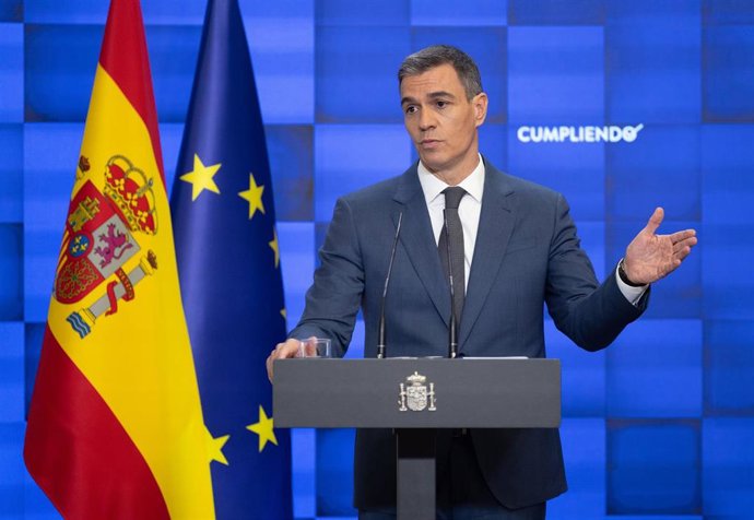 El presidente del Gobierno, Pedro Sánchez, comparece para hacer balance del curso político, en el Complejo de la Moncloa, a 31 de julio de 2024, en Madrid (España). Sánchez ha hecho el balance habitual antes del paréntesis veraniego, una práctica que se