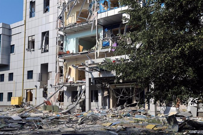 July 24, 2024, Kharkiv, Ukraine: KHARKIV, UKRAINE - JULY 24, 2024 - Aftermath of a Russian missile strike on the office building of the Swiss Foundation for Mine Action (FSD), Kharkiv, north-central Ukraine