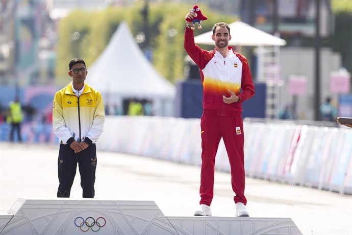 Bronze medalist Alvaro Martin of Spain poses on the podium after Men's 20km Race Walk Athletics on Trocadero during the Paris 2024 Olympics Games on August 1, 2024 in Paris, France.