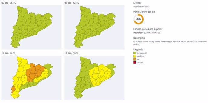 Mapa de previsió de pluges intenses a Catalunya