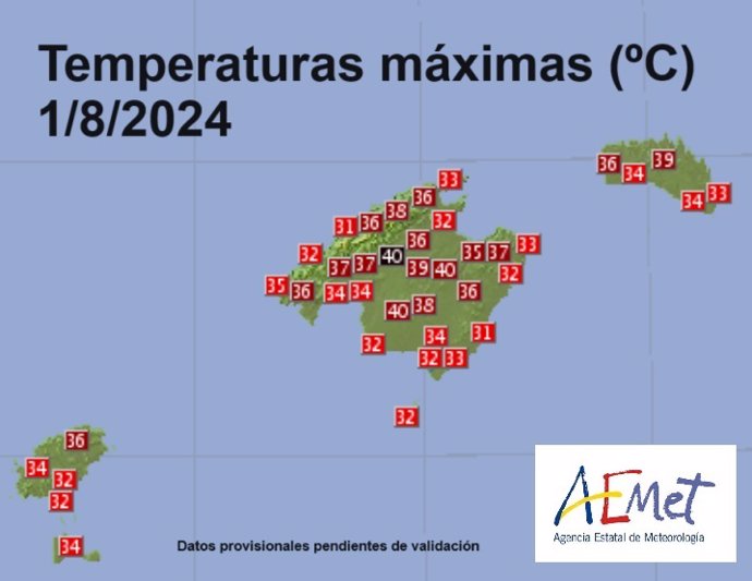 Mapa de temperaturas máximas, a 1 de agosto de 2024, en Baleares.