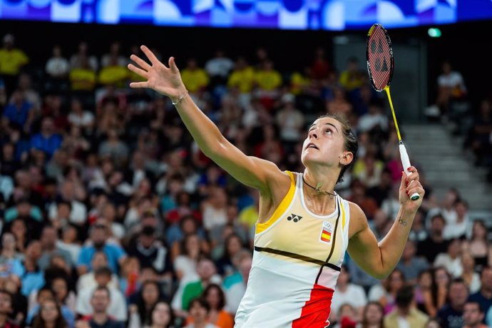 Carolina Marin of Spain competes against Rachael Darragh of Ireland during the Badminton Women's Singles Group L match at  Porte de la Chapelle Arena during the 2024 Paris Summer Olympic Games in Paris, France.