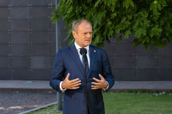 August 1, 2024, Warsaw, Poland: Donald Tusk gestures as he speaks to the media during a press conference. On August 1, 2024, in Warsaw, Prime Minister Donald Tusk, Mayor Rafal Trzaskowski, and Museum Director Jan Oldakowski delivered statements to the med