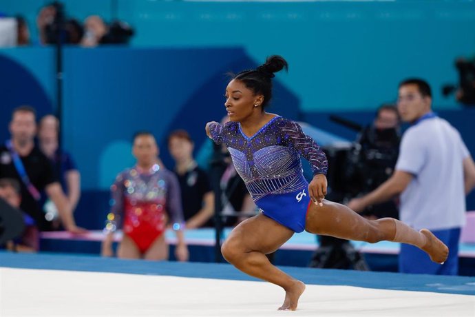 Simone Biles of United States competes on Floor Exercises during Women's All-Around Final of the Artistic Gymnastics on Bercy Arena during the Paris 2024 Olympics Games on August1, 2024 in Paris, France.