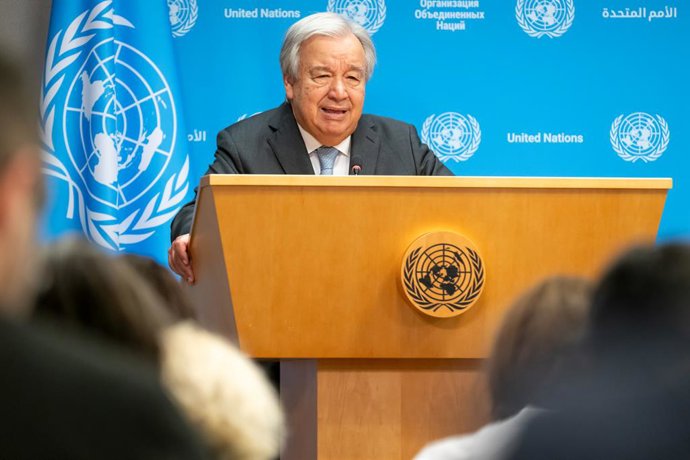 UNITED NATIONS, July 25, 2024  -- UN Secretary-General Antonio Guterres speaks to the press on extreme heat at the UN headquarters in New York, on July 25, 2024. Guterres on Thursday called for global action to tackle extreme heat, as "extreme temperatu