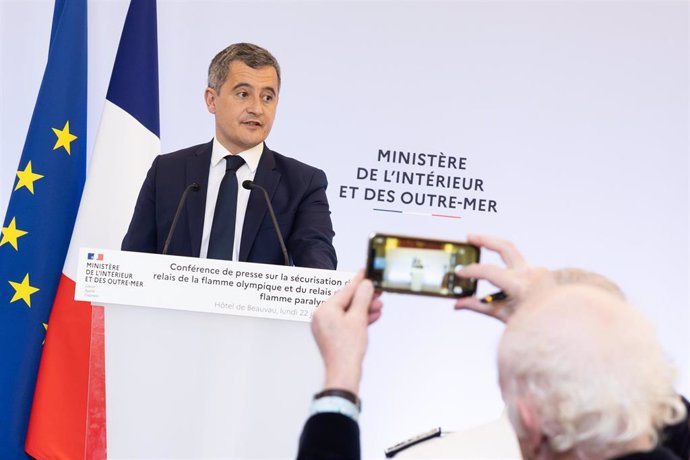 Archivo - January 22, 2024, Paris, France, France: French Interior Minister Gerald Darmanin attends a press conference on securing the Olympic flame route.