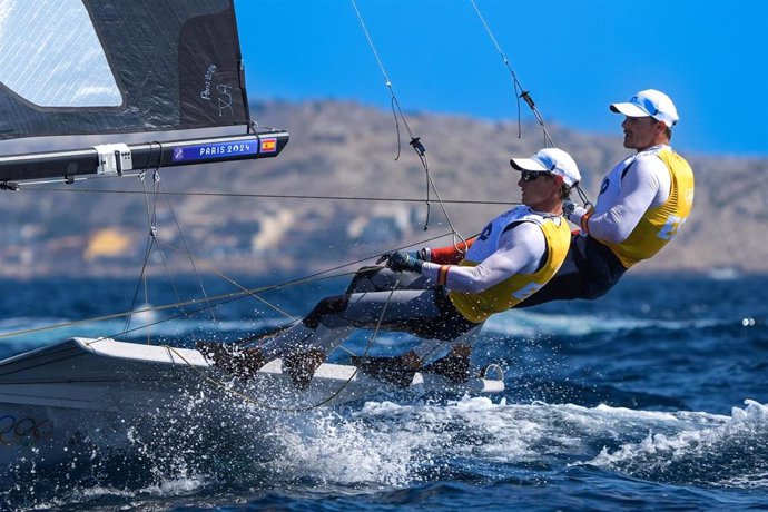 Diego Botin Chever and Florian Trittel Paul (Spain), Sailing, Men’s Skiff during the Olympic Games Paris 2024 on 1 August 2024 at Marseille Marina in Marseille, France - Photo Norbert Scanella / Panoramic / DPPI Media