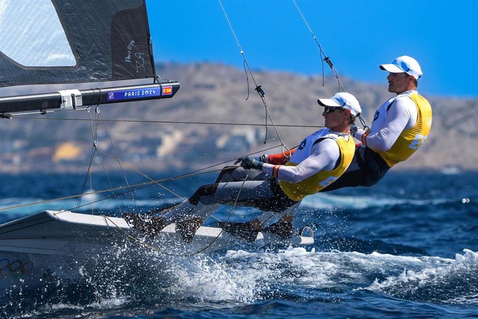 Diego Botin Chever and Florian Trittel Paul (Spain), Sailing, Mens Skiff during the Olympic Games Paris 2024 on 1 August 2024 at Marseille Marina in Marseille, France - Photo Norbert Scanella / Panoramic / DPPI Media