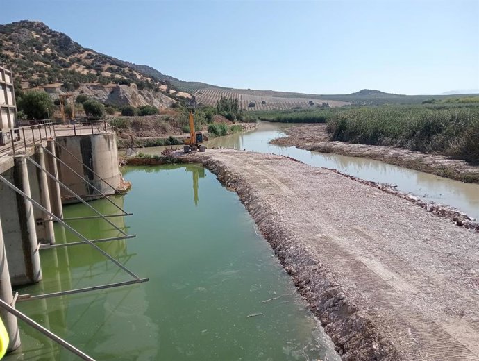 Obra de emergencia para la limpieza de urgencia del área de captación de la estación de bombeo principal de la Zona Regable del Genil-Cabra, en el embalse de Cordobilla, en el término municipal de Puente Genil (Córdoba).